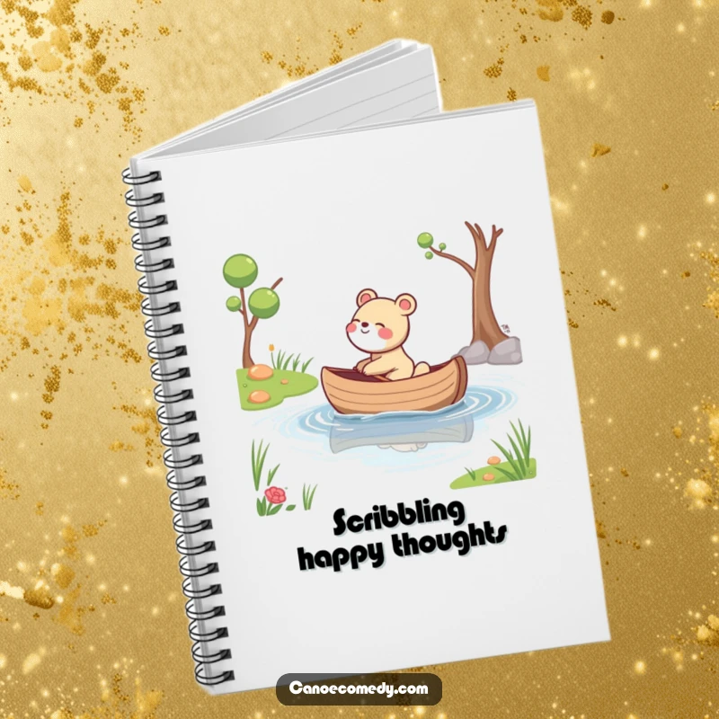Funny notebook cover with a giggling animal whose canoe drifts down a calm stream, inspiring peaceful thoughts.