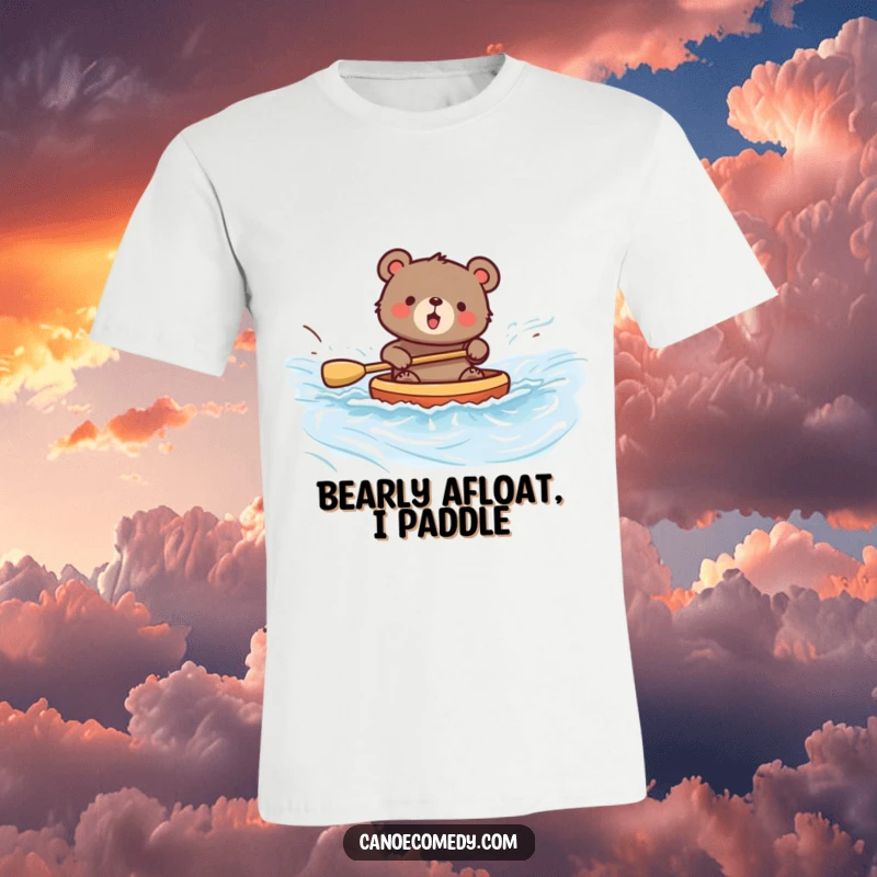 Funny bear t-shirt illustration of a happy bear paddling a canoe with gusto down a swift river, exuding wild fun.