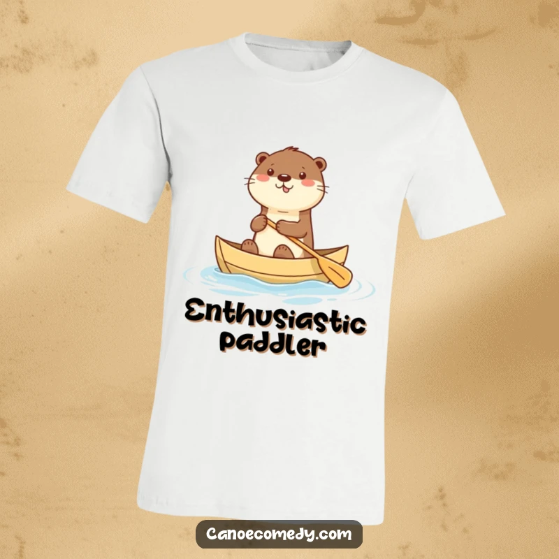 Funny t-shirt showcasing a happy kawaii otter paddling a canoe with great enthusiasm, embodying cute adventure and humor.