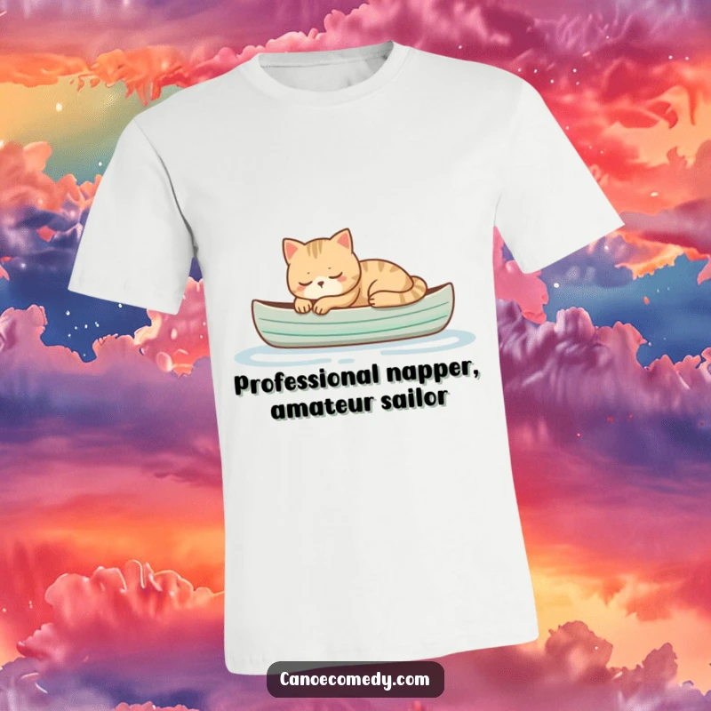 Funny cat sleeping peacefully in a small canoe, a humorous and comfy design for ultimate relaxation lovers.