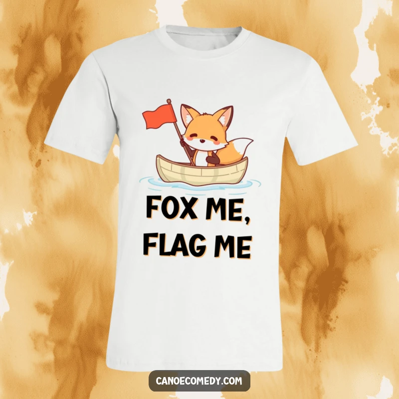 Funny fox t-shirt illustration of a fox in a small canoe proudly waving a flag, signifying adventure and leadership.