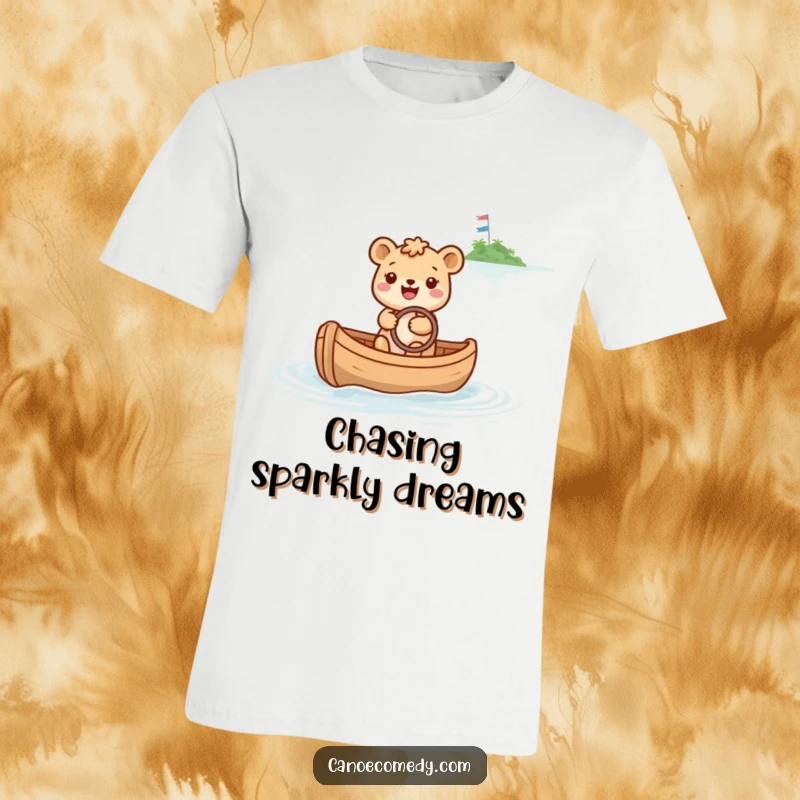 Funny t-shirt depicting a joyful animal steering a canoe toward a distant, sparkling island, symbolizing hopeful journeys.