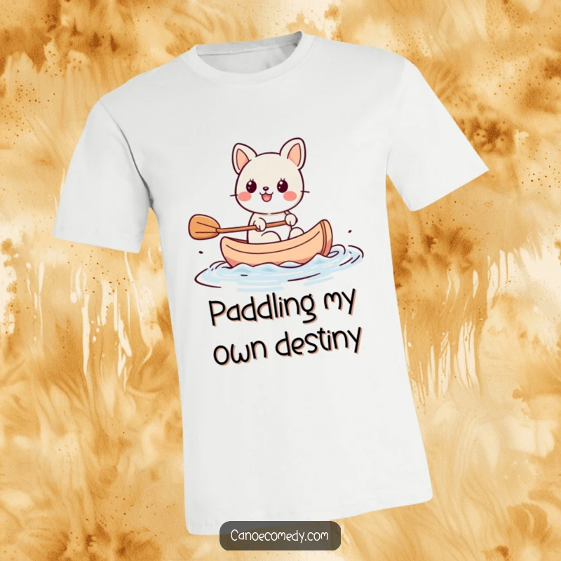Funny Kawaii animal character enthusiastically paddling a small canoe, full of energy and adventure, printed on a comfortable t-shirt.