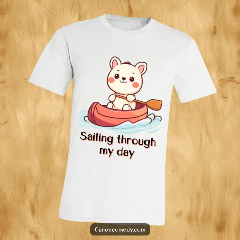Funny Kawaii animal character steering a colorful canoe through gentle waves, embodying tranquility and exploration, on a t-shirt.