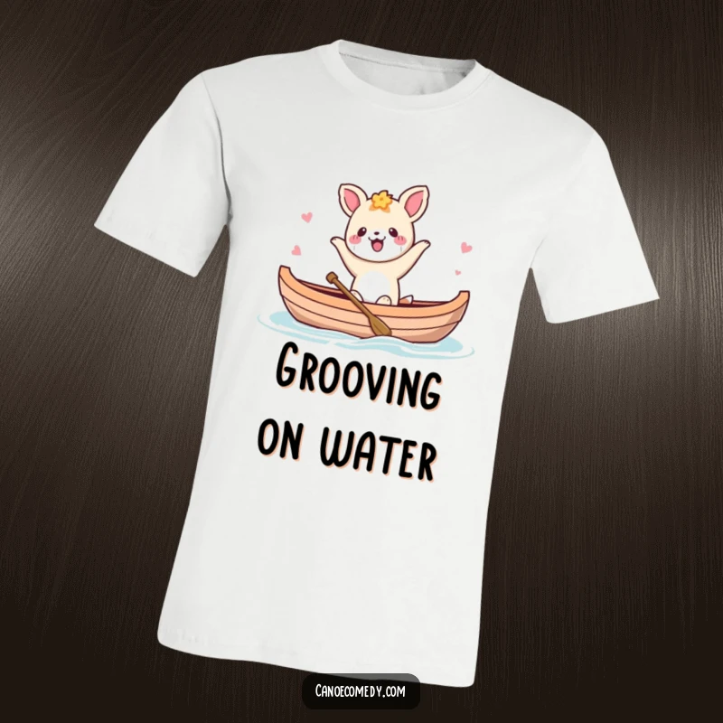 Funny Kawaii animal character dancing happily in a canoe on a t-shirt, showing pure, unadulterated joy.