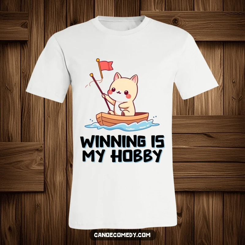 Funny Kawaii animal character waving a tiny flag from a speeding canoe on a t-shirt, symbolizing achievement.