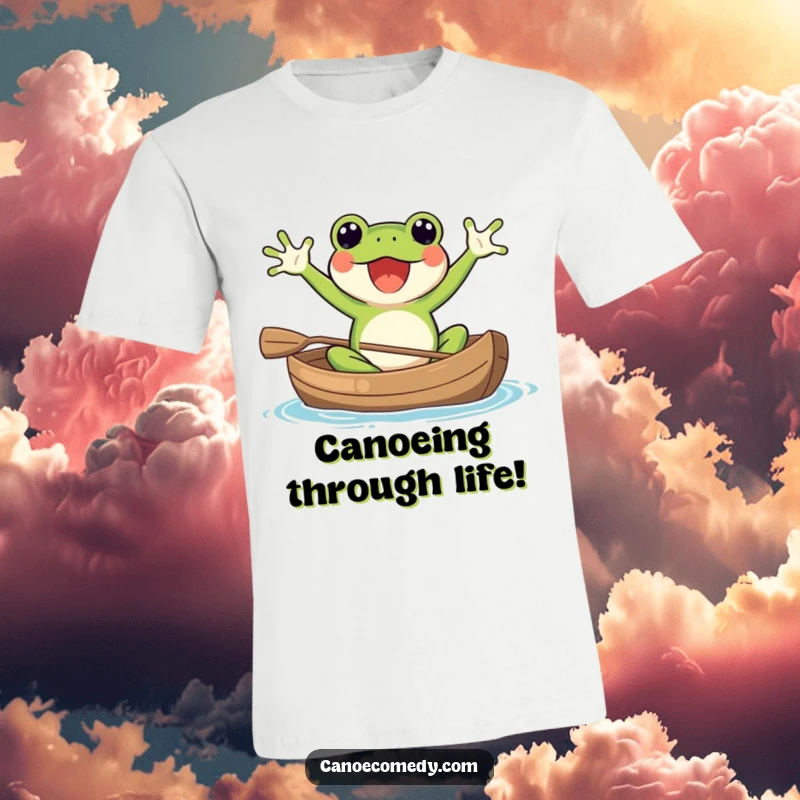 Funny Kawaii frog in a canoe, energetically waving its arms, showcasing an adventurous and happy spirit on the water.