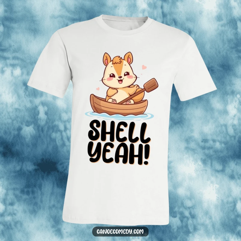 Funny Kawaii Squirrel T-Shirt: Giggling squirrel waves enthusiastically from a nutshell canoe, perfect for casual wear.