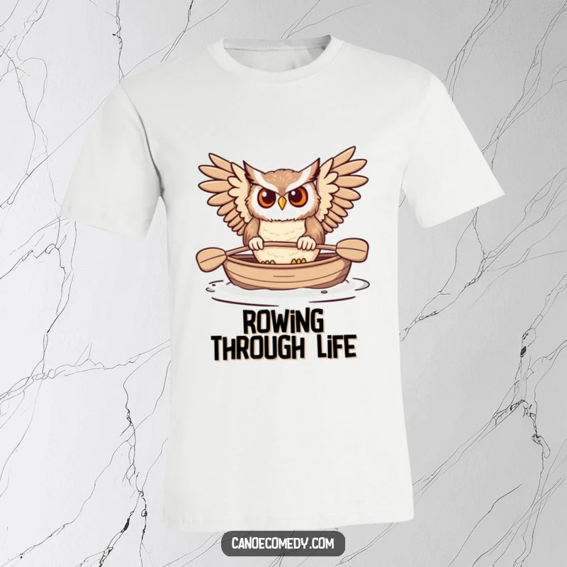 Funny Owl Paddling Canoe T-Shirt, depicting a concentrated owl rowing a canoe with its wings, ready for adventure.
