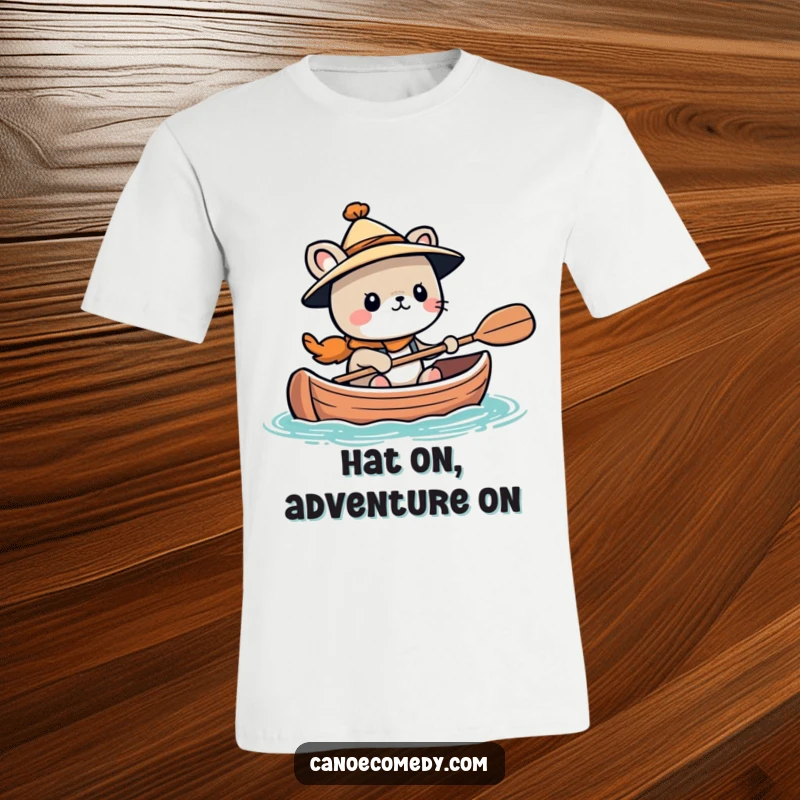 Funny Kawaii animal character wearing a tiny hat, looking adventurous in a canoe, printed on a comfortable t-shirt.