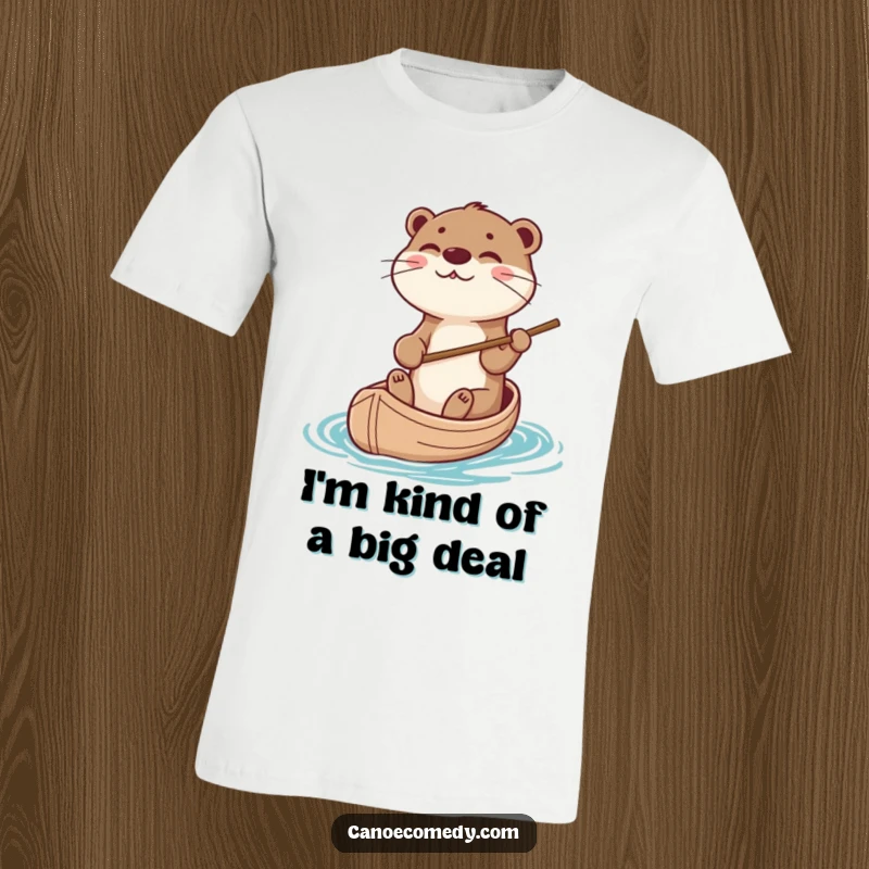 Funny otter steering a canoe with a stick, looking happy and adventurous, ideal for a funny t-shirt gift.