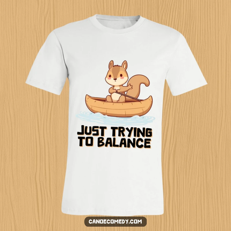 Funny squirrel adventurer humorously balancing in a wobbly canoe, perfect for outdoor lovers seeking a funny t-shirt gift.