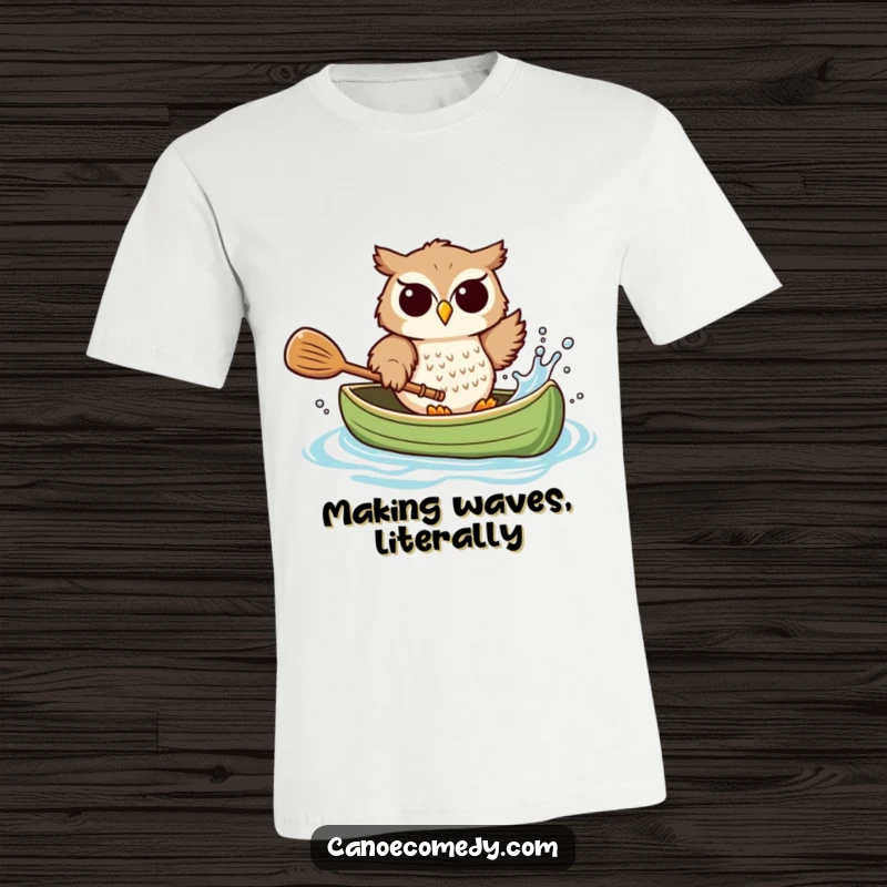 Funny owl t-shirt, joyfully splashing water from a canoe with a paddle, a vibrant depiction of playful exuberance.
