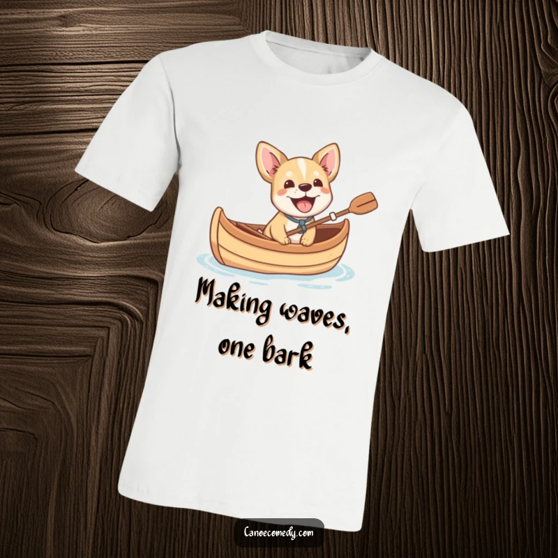 Funny small dog cheerfully barking with excitement from a canoe, a humorous and energetic t-shirt for dog lovers.