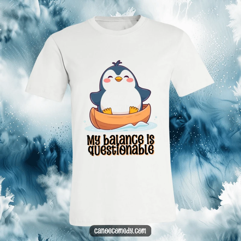 Funny T-Shirt showcasing a plump kawaii penguin in a canoe, appearing comically unsteady yet extremely happy.