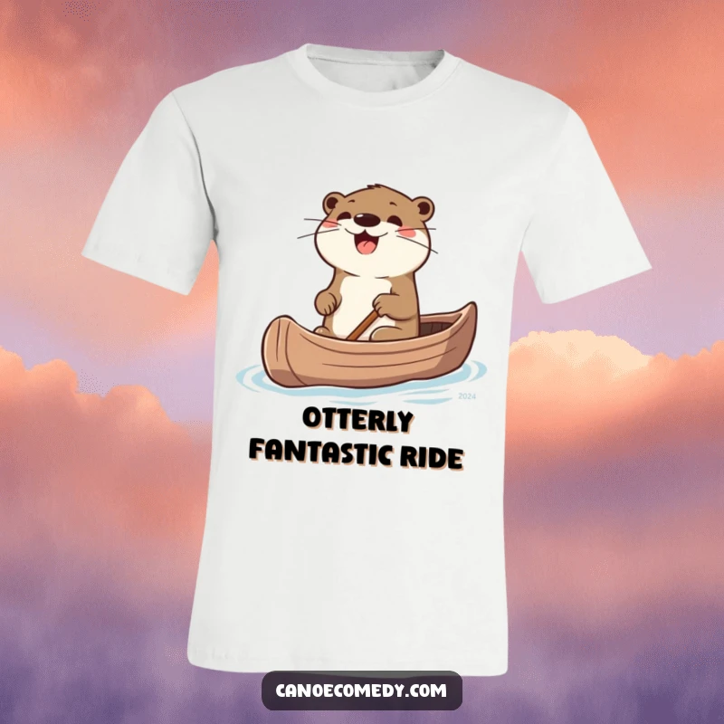 Funny Otter T-Shirt: An illustration of a joyful otter intensely steering a canoe, whiskers twitching with excitement.