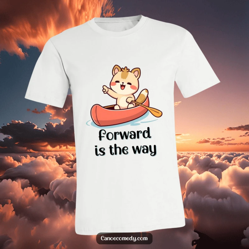 Funny Kawaii animal character joyfully pointing ahead from a canoe, printed on a t-shirt, ready for adventure.
