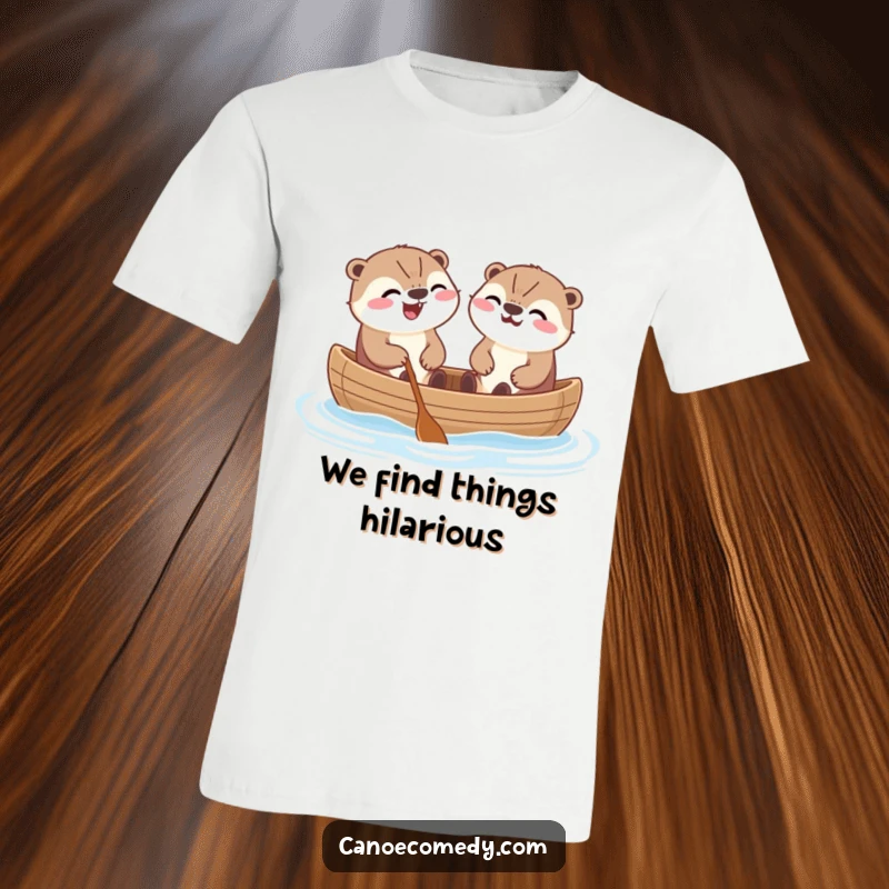 Funny Kawaii otters in a canoe, laughing together, a delightful and humorous t-shirt for animal lovers.