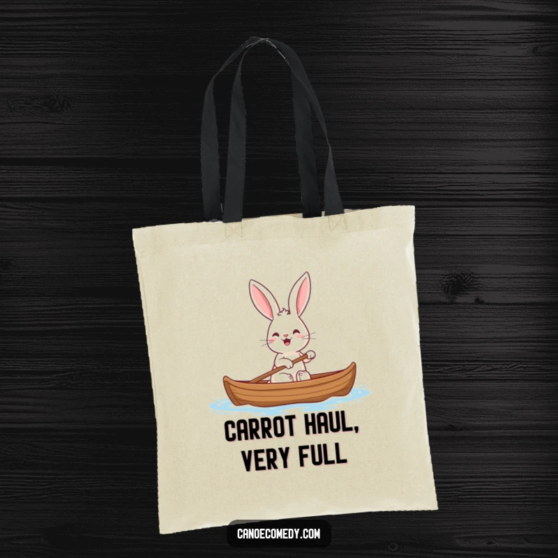Funny rabbit tote bag featuring a cheerful rabbit with big ears paddling a canoe, great for carrying daily necessities.