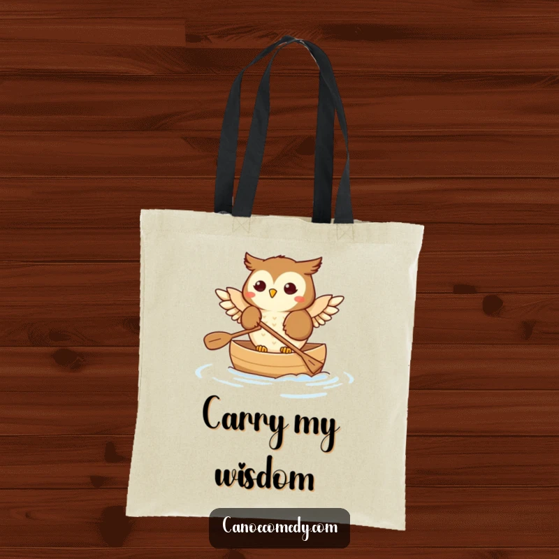 Funny Owl Tote Bag: A durable tote bag featuring a happy owl paddling a small canoe.