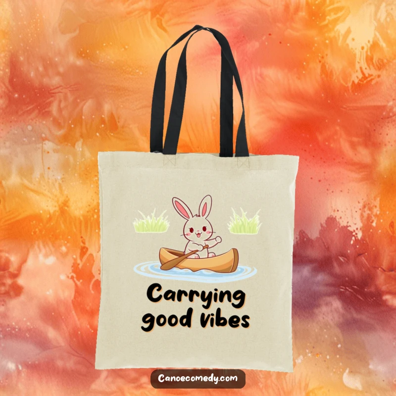 Funny tote bag with a joyful rabbit paddling a canoe, showcasing a sense of adventure and lightheartedness for everyday use.