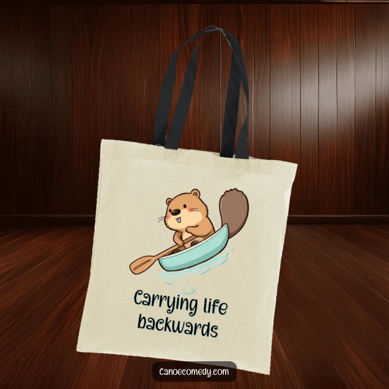 Funny beaver tote bag, comically paddling a canoe backward with a determined yet confused expression, ideal for shopping trips.