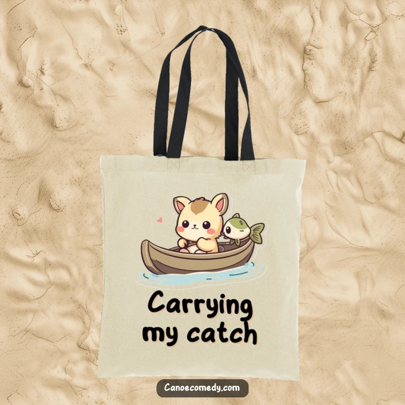 Funny Kawaii animal character in a canoe, amused by a fish, printed on a functional tote bag.
