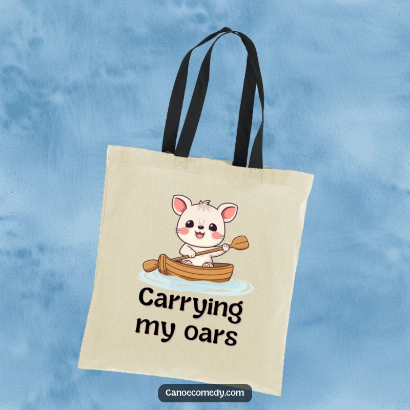 Funny cheerful animal tote bag, a happy character with a big smile paddling a small canoe, perfect for carrying items with a humorous, joyful touch.