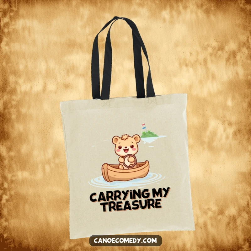 Funny tote bag with a happy animal steering a canoe towards a distant, sparkly island, symbolizing hopeful travel.