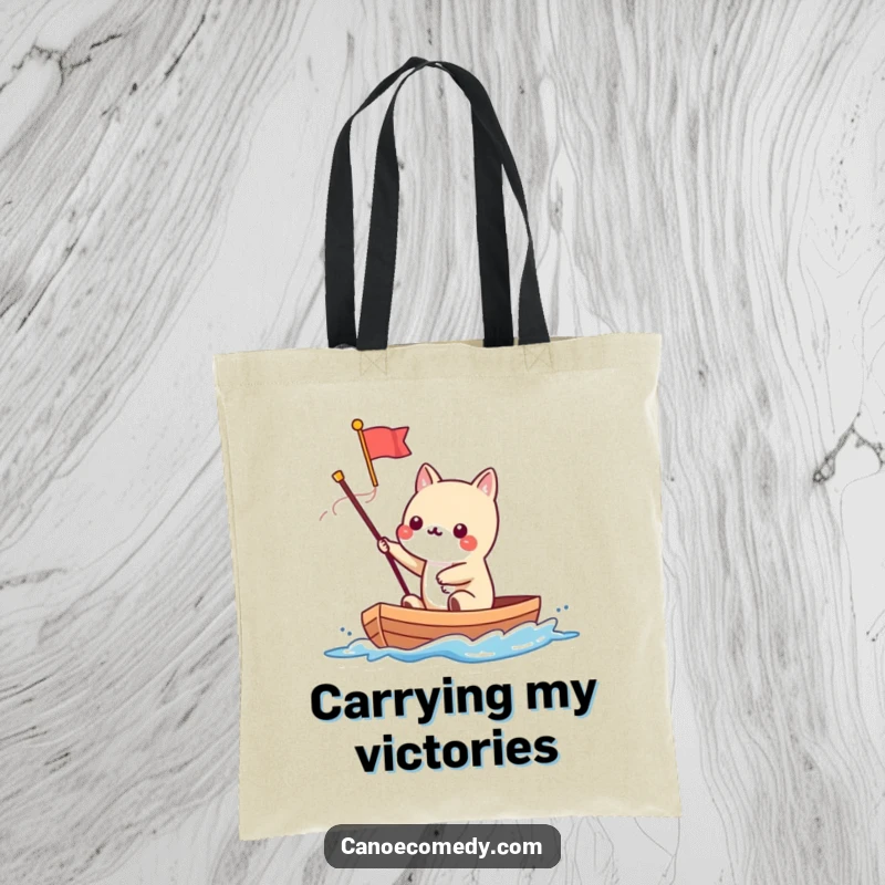 Funny Kawaii animal character waving a tiny flag from a speeding canoe, printed on a functional tote bag.
