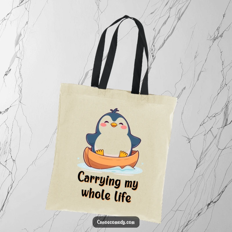 Funny Tote Bag designed with a plump, kawaii penguin in a canoe, looking delighted despite its precarious position.