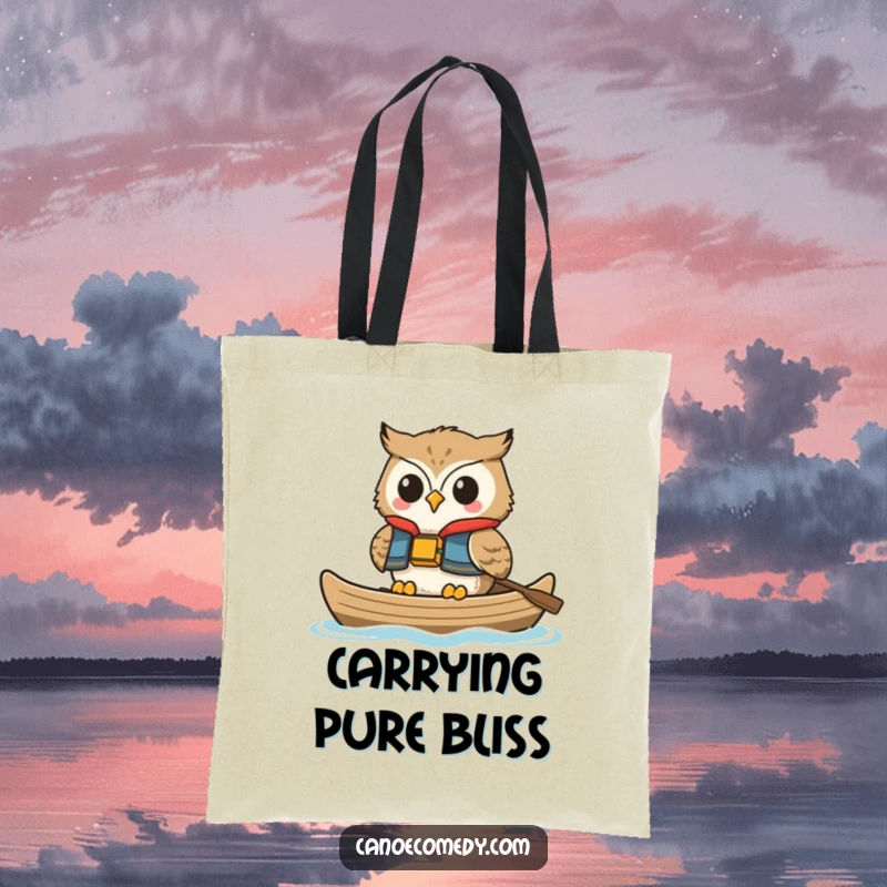 Funny owl tote bag, smiling contentedly in a life vest while floating in a canoe, a symbol of cheerful tranquility.