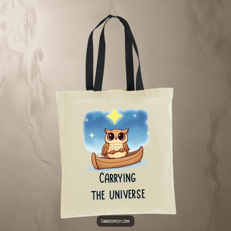 Funny owl tote bag, looking up in wonder at a starry sky from a canoe, a functional and inspiring accessory.