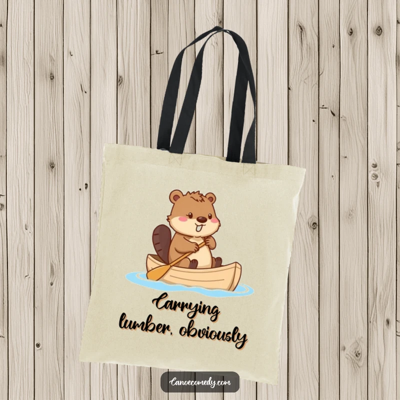 Funny beaver in a canoe, expertly using its tail as a rudder, perfect for carrying groceries or gear with a humorous, water-loving vibe.