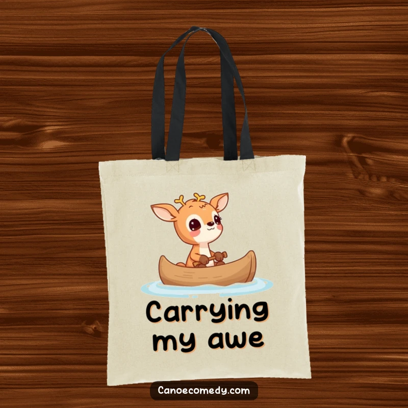 Funny Deer Wonder Canoe Tote Bag, showing a small deer looking up in wonder from a canoe, for everyday adventures.