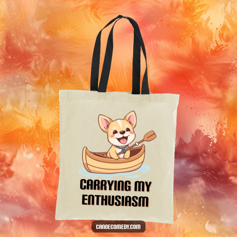 Funny small dog cheerfully barking with excitement from a canoe, a humorous and practical tote bag for dog enthusiasts.