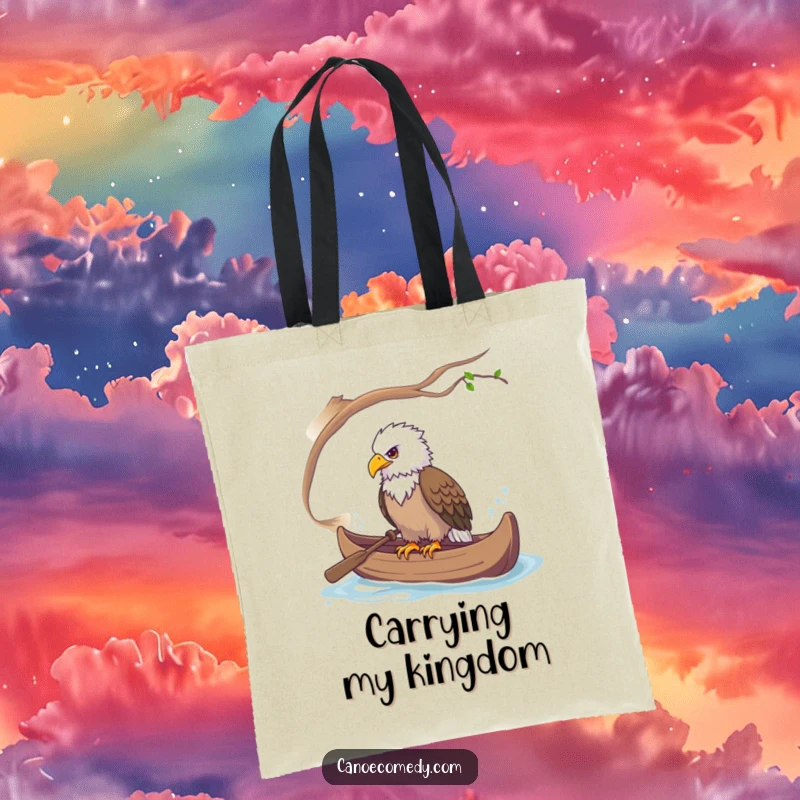Funny tote bag design with a majestic eagle perched regally in a canoe, taking in the scenery.