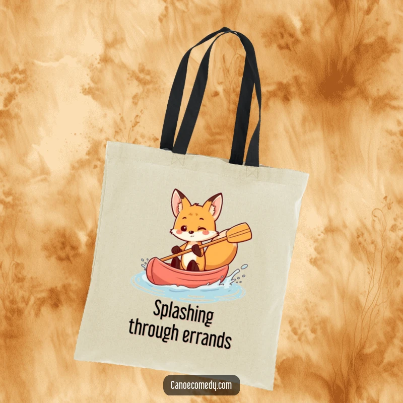 Funny fox splashing water from a canoe, playful tote bag, cute animal accessory, gift for adventurers.