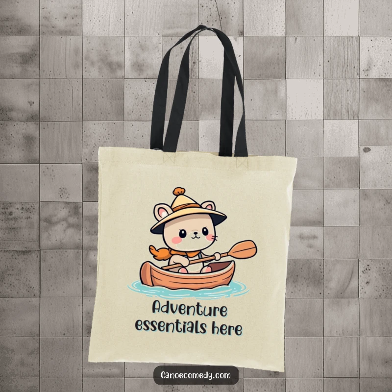 Funny Kawaii animal character wearing a tiny hat, looking adventurous in a canoe, a humorous and practical tote bag.