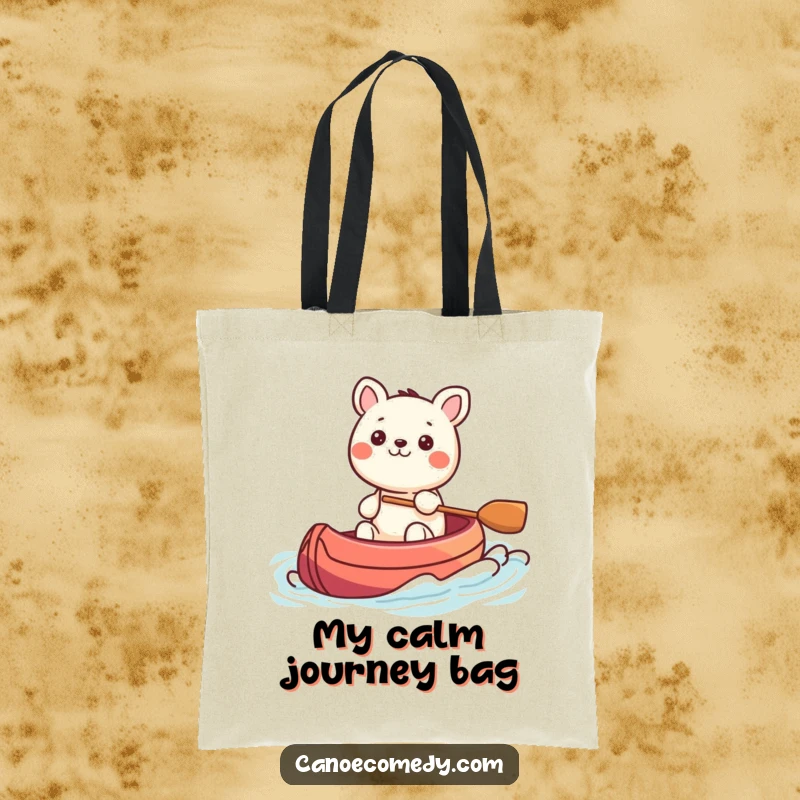 Funny Kawaii animal character steering a colorful canoe through gentle waves, a practical humorous tote bag for everyday use.