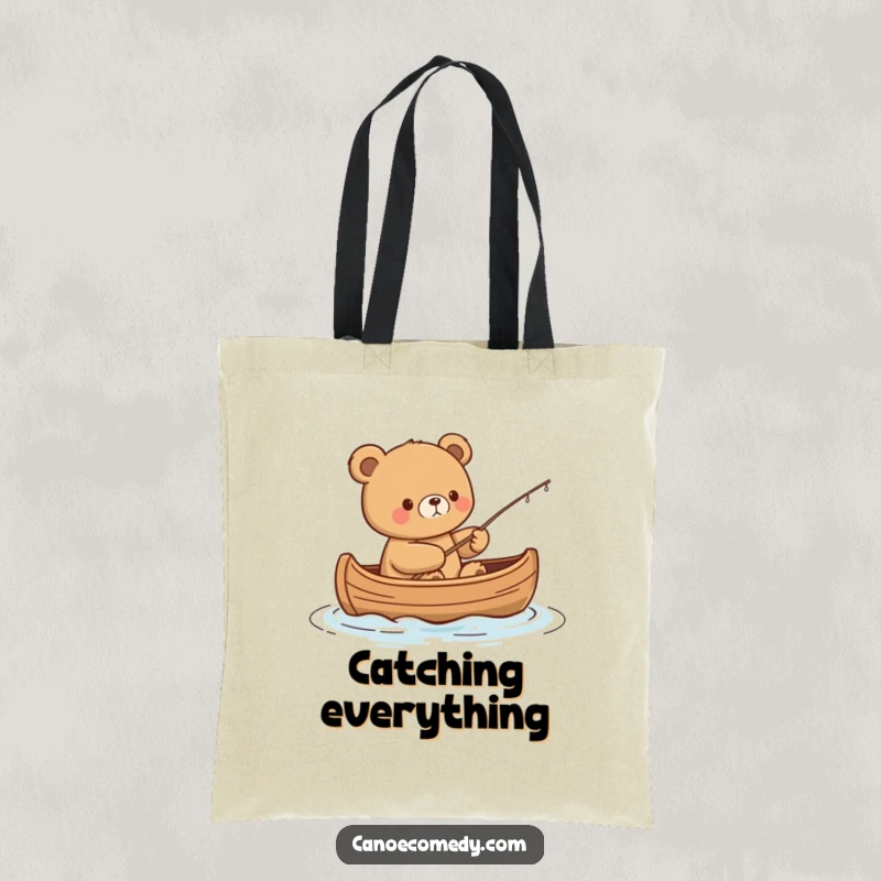 Funny Kawaii Bear Tote Bag: Content bear fishes from a canoe, perfect for carrying essentials with peaceful humor.