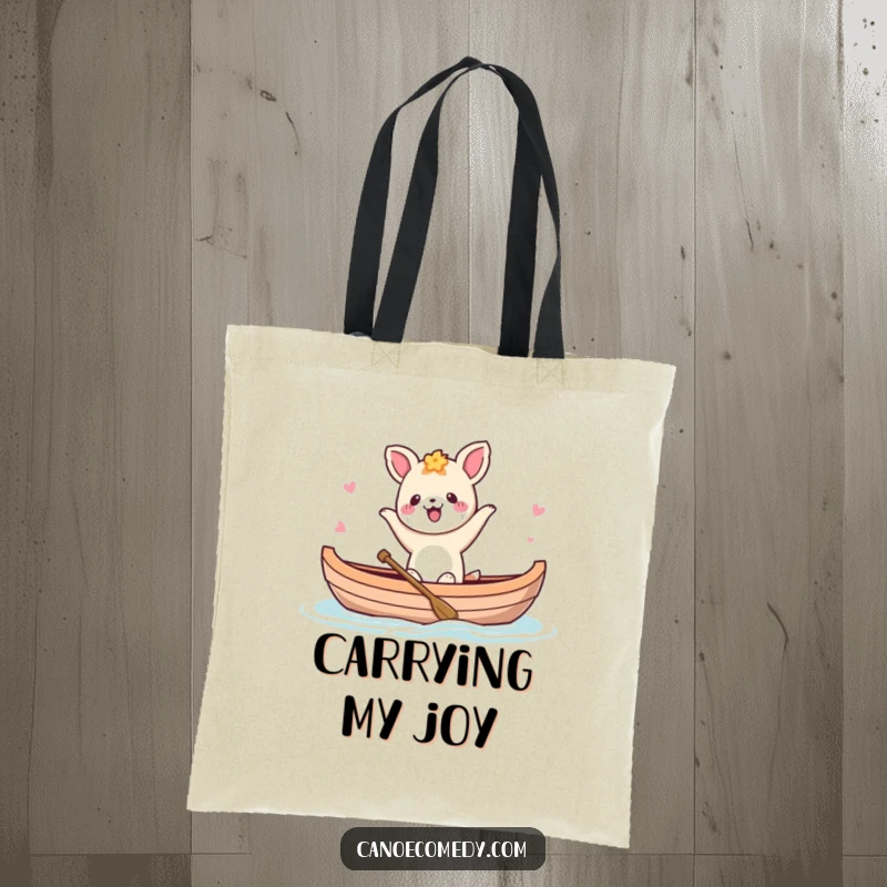 Funny Kawaii animal character dancing happily in a canoe, printed on a functional tote bag.