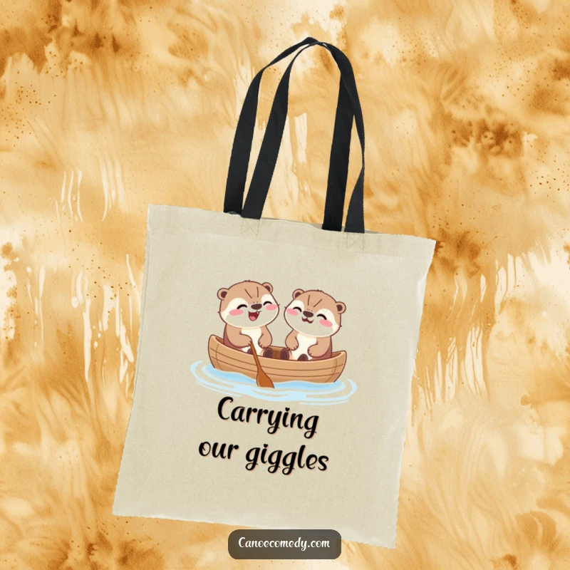 Funny Kawaii otters in a canoe, laughing hysterically, a cute and humorous tote bag for shopping.
