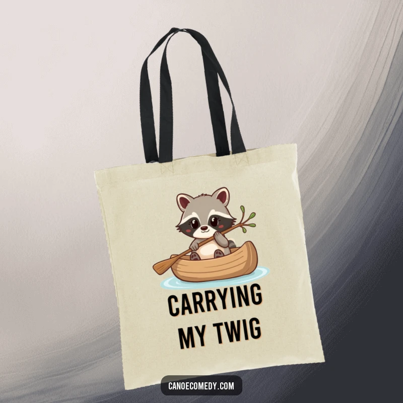 Funny Kawaii raccoon steering a canoe with a twig, a durable and humorous tote bag.
