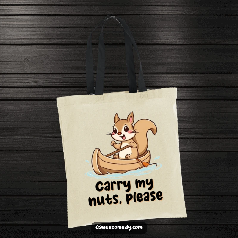 Funny squirrel tote bag illustrating a squirrel steering a small canoe with great excitement, great for carrying daily items.