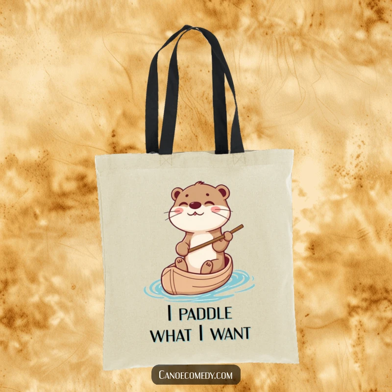 Funny otter steering a canoe with a stick, depicted on a stylish tote bag, a perfect funny gift.