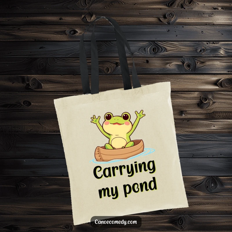 Adorable Kawaii frog excitedly waving its arms while paddling a canoe, featured on a practical and humorous tote bag.