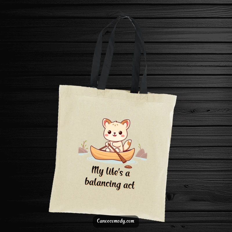 Funny Kawaii animal character hilariously attempting to balance in a small canoe on a durable tote bag.