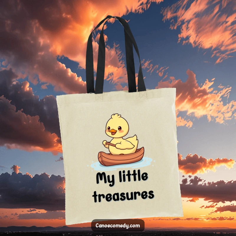 Funny, smiling Kawaii duck paddling a tiny canoe with a happy expression, printed on a durable tote bag.