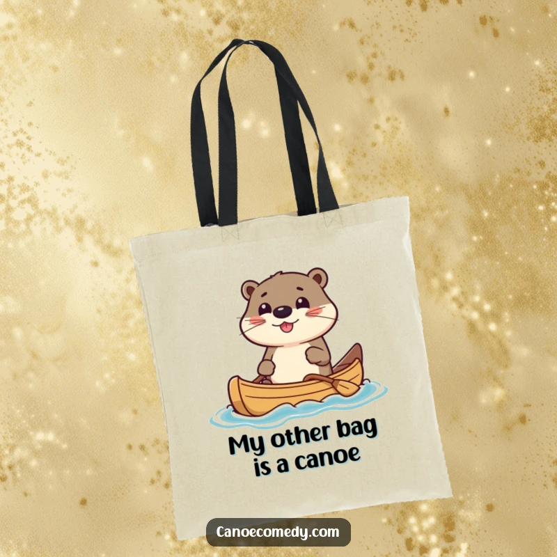 Funny Tote Bag featuring a determined kawaii otter paddling a canoe, ready for any outing. A practical and amusing accessory.